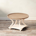 Round Farmhouse Coffee Table with Handmade Finish, Wood Tray Top Rustic Coffee Table for Added Thickness, Accent Table with Storage for Living Room, Small Place, White, Circle