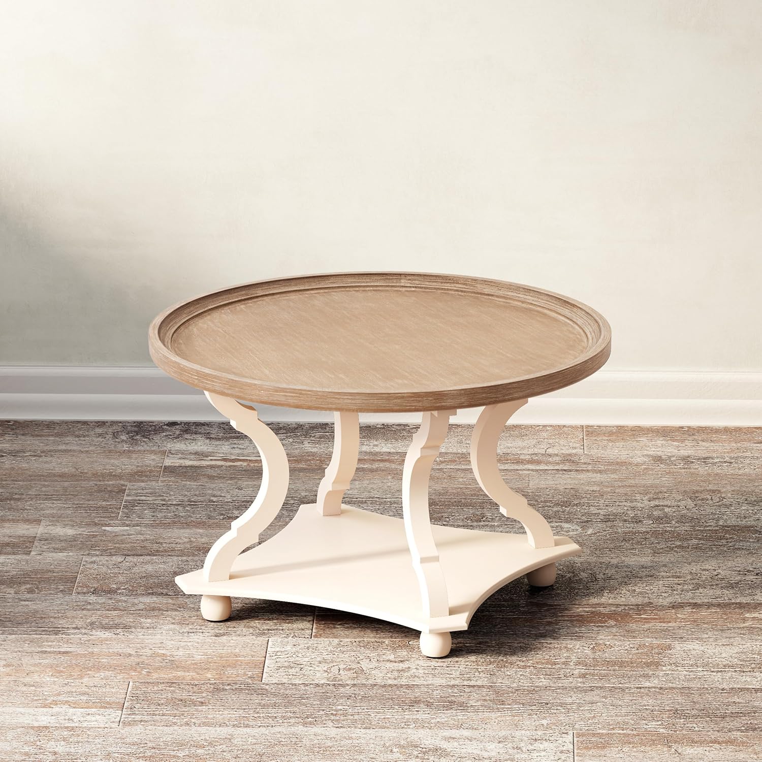 Round Farmhouse Coffee Table with Handmade Finish, Wood Tray Top Rustic Coffee Table for Added Thickness, Accent Table with Storage for Living Room, Small Place, White, Circle