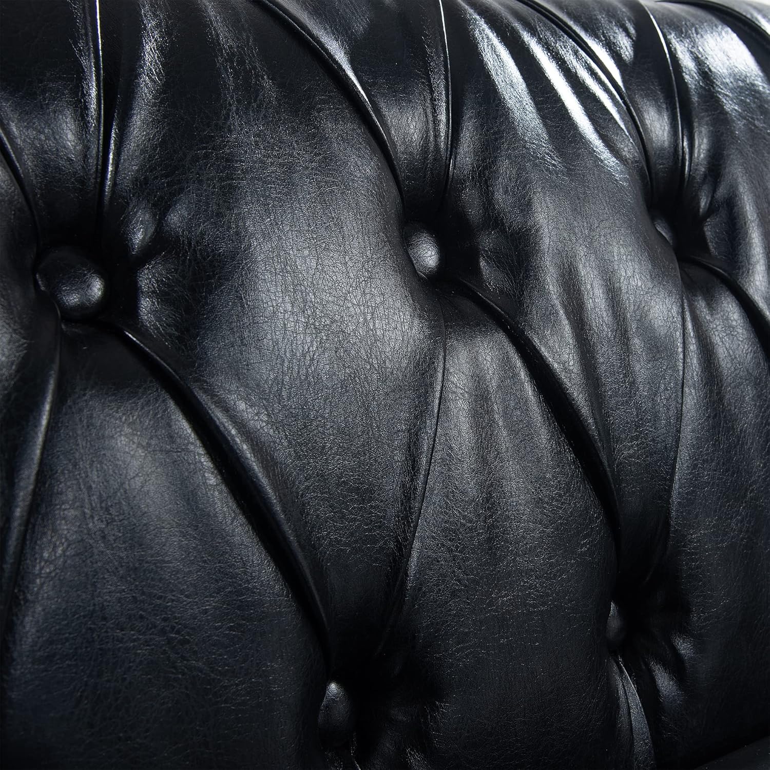 Chesterfield PU Leather Sofa, Upholstered PU Sofa with Tufted Back, Classic 3 Seater Leather Couch Rolled Arm for Living Room Office, Black