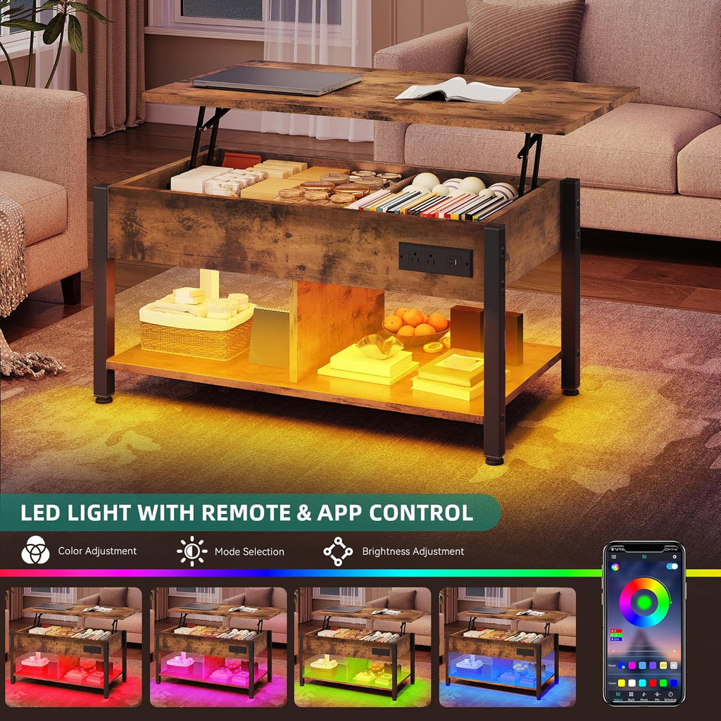 YITAHOME Lift Top Coffee Table with RGB Light, 3-in-1 Coffee Table with Power Outlets, Hidden & Open Storage, Adjustable Height, Wooden Dining Table for Living Room, Home Office, Brown