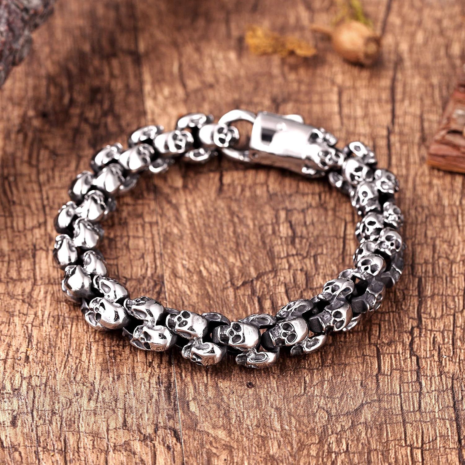 Bold Men’s Biker Bracelet – Double Link Chains Embellished with Rows of Death’s Skull in a Polished Silver Finish – Made of Rust & Discoloration Resistant Stainless Steel – Jewelry Gift for Men