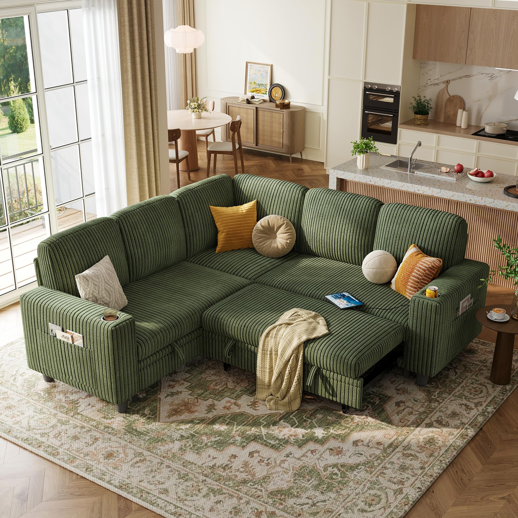 LINSY HOME Sectional Sleeper Sofa with Pull Out Couch Bed - Convertible Plush Corduroy Cloud Couch with Storage Chaise & USB Charging, Comfy Modular Couches for Living Room, Green