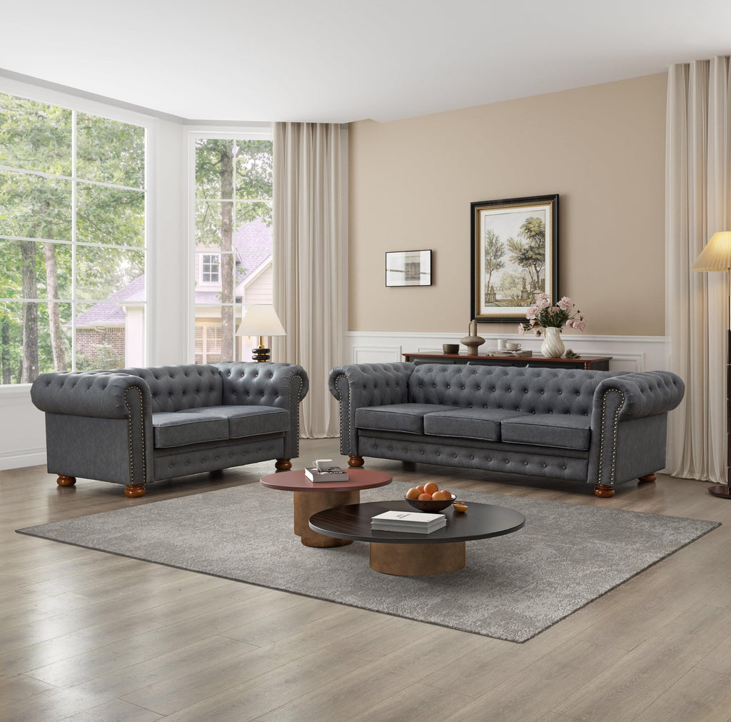 Chesterfield Leather Sofa, 89" Mid Century Modern Couch with Low Back, Roll Arm Nailhead Trim Classic 3 Seater Couch for Living Room, Office, Apartment, Faux Leather Brown