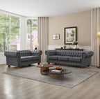 Chesterfield Leather Sofa, 89" Mid Century Modern Couch with Low Back, Roll Arm Nailhead Trim Classic 3 Seater Couch for Living Room, Office, Apartment, Faux Leather Brown