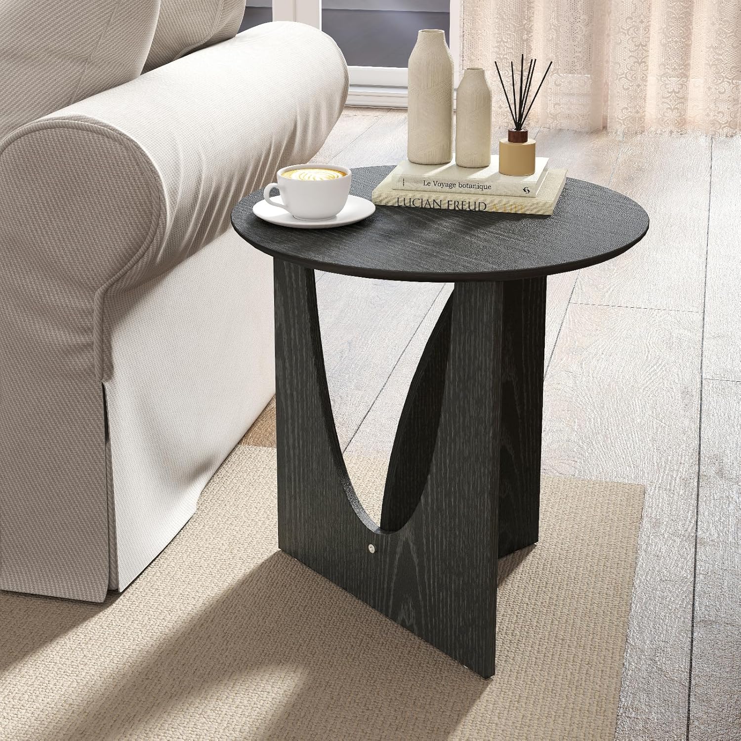 Round Black Side Table, Unique End Table and Small Coffee Table for Living Room, Balcony Room