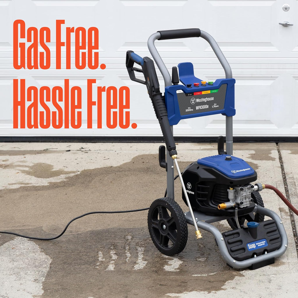 Westinghouse WPX3000e Electric Pressure Washer, 3000 Max PSI and 1.76 Max GPM, Induction Motor, Onboard Soap Tank, Spray Gun and Wand, 5 Nozzle Set, for Cars/Fences/Driveways/Homes/Patios/Furniture