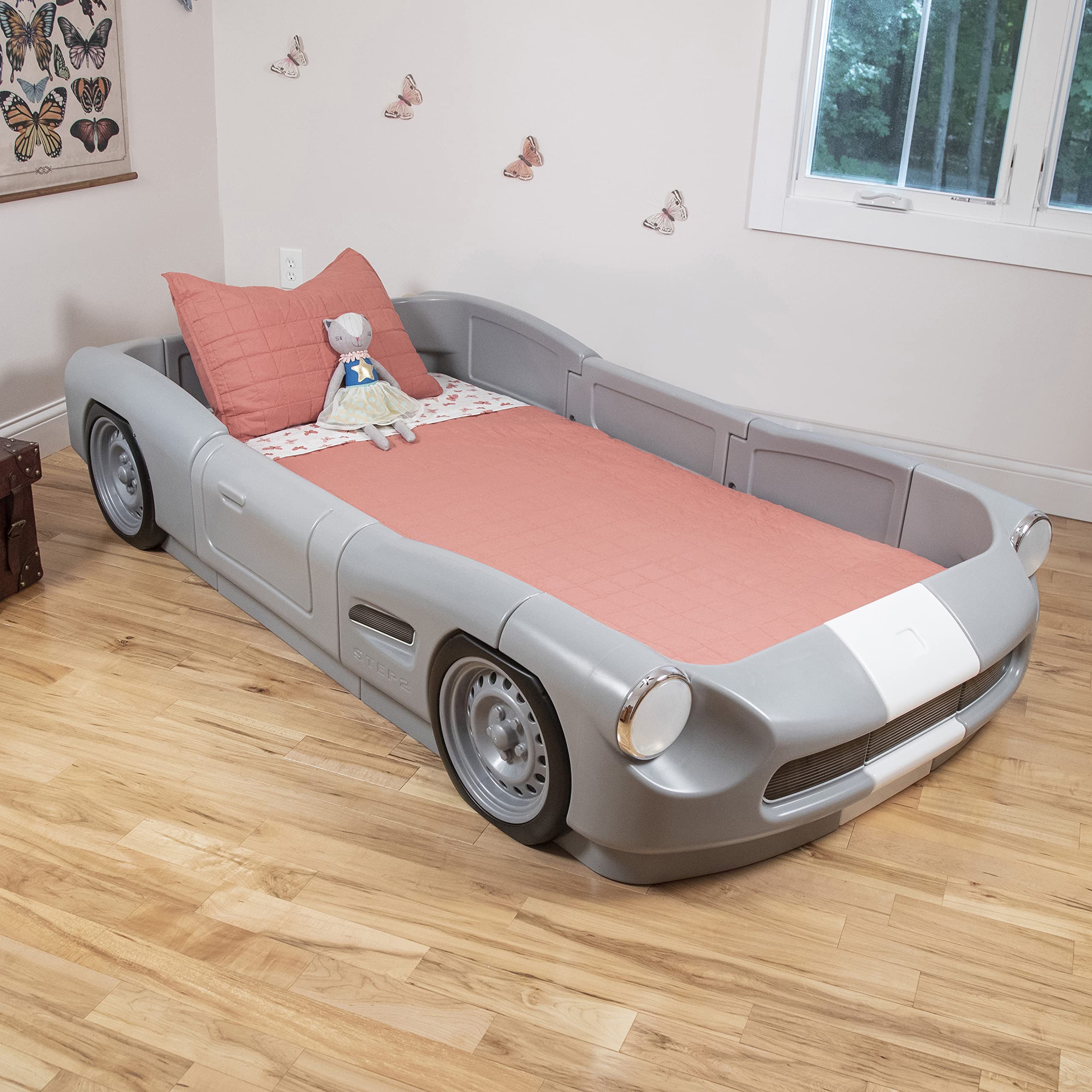 Lit Roadster Step2 pour tout-petits à lit jumeau, lit voiture de course de transition pour garçons et filles, réglable, fabriqué en plastique durable, pour tout-petits de plus de 3 ans, gris