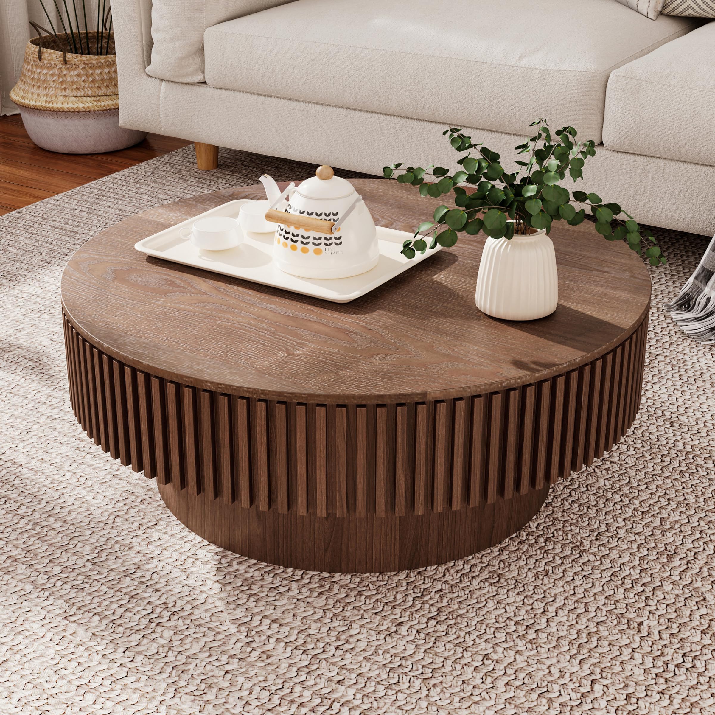 Round Coffee Table for Living Room Contemporary Wood Circle Fluted Coffee Table for Apartment, Easy Assembly ø31.49'', Wood Oak