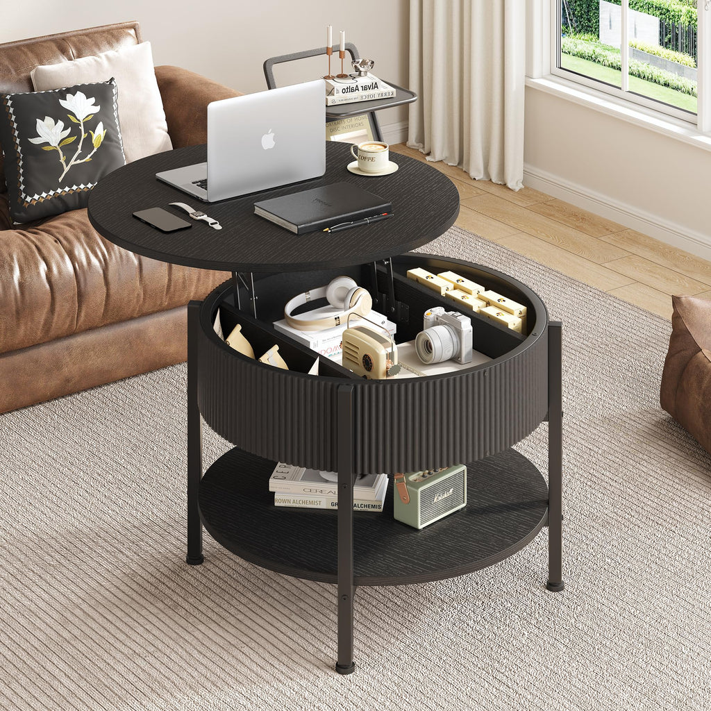 Small Round Coffee Table with Fluted Panel, Lift Top Coffee Table with Hidden Compartment and Open Shelf, Modern Lift Tabletop Dining Central Table for Living Room, Home Office, Grey