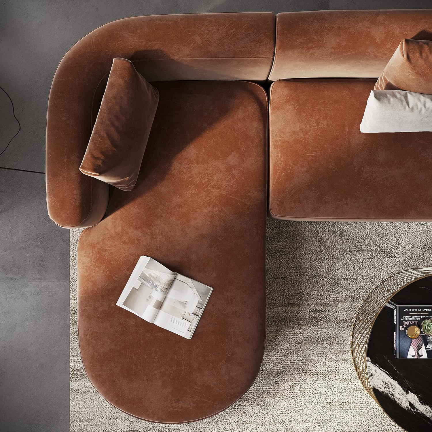 Acanva Luxury Modern Tight Curved Back Velvet Sofa, Minimalist Style Comfy Couch for Living Room Apartment, L-Shape Left Chaise, Tangerine