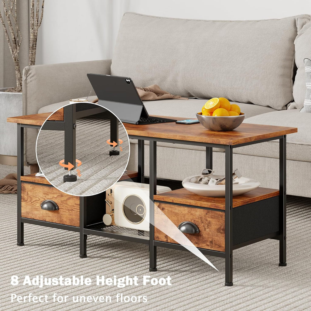 Furologee 35" Coffee Table with 2 Storage Drawers, Small Coffee Tables for Living Room, Industrial Center Table with 2 Tier Storage Shelf, Rustic Brown