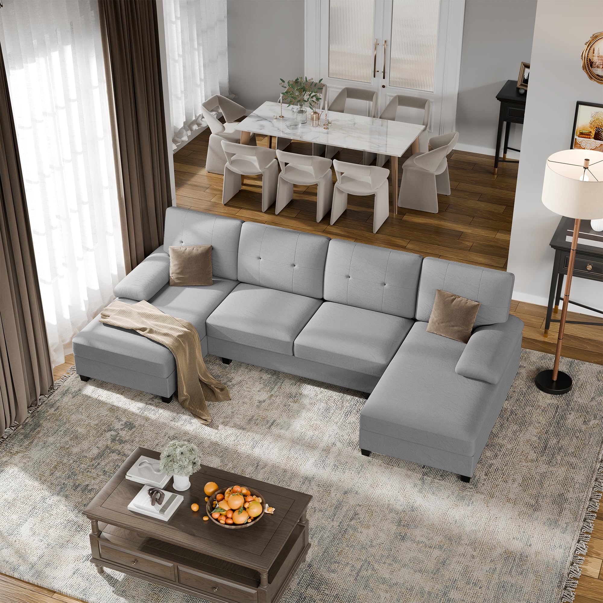 Walsunny Sectional Couches for Living Room, Convertible U-Shaped Sofa Couch with Double Chaise, 4 Seat Sofa Set Modular Sofa Couch for Apartment, Black