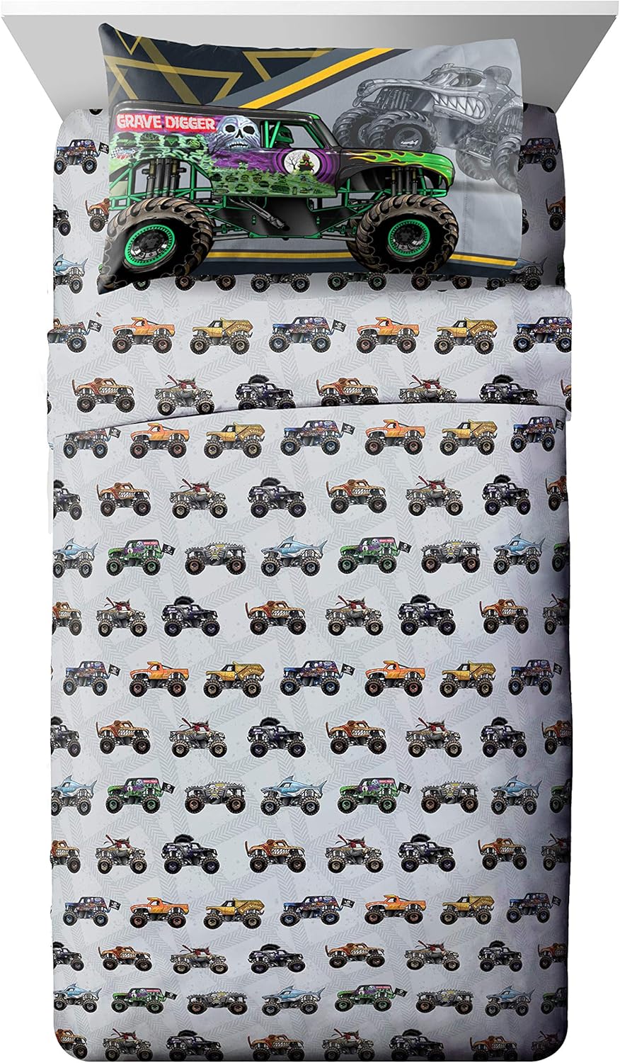 Jay franco Monster Jam MJ Life 4 Piece Twin Bed Set-Includes Reversible Comforter&Sheet Set-Bedding Features Grave Digger, Max-D, Megalodon-Super Soft Microfiber-(Official Monster Jam Product)
