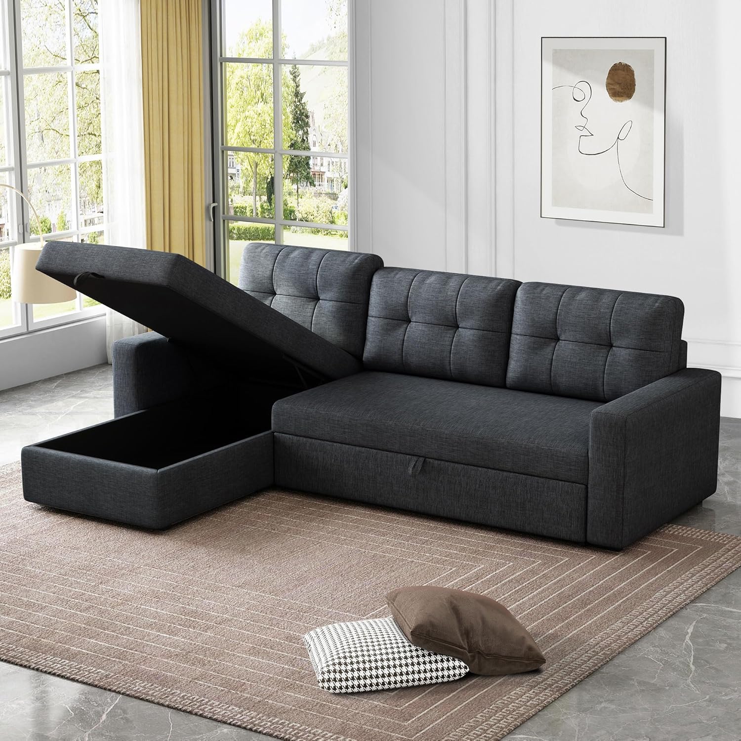Upholstered Sleeper Sofa, L Shaped Sectional Couch with Reversible Storage, Convertible Corner Lounge Couches w/Pull Out Sofabed for Living Room, Apartment,Dark Grey