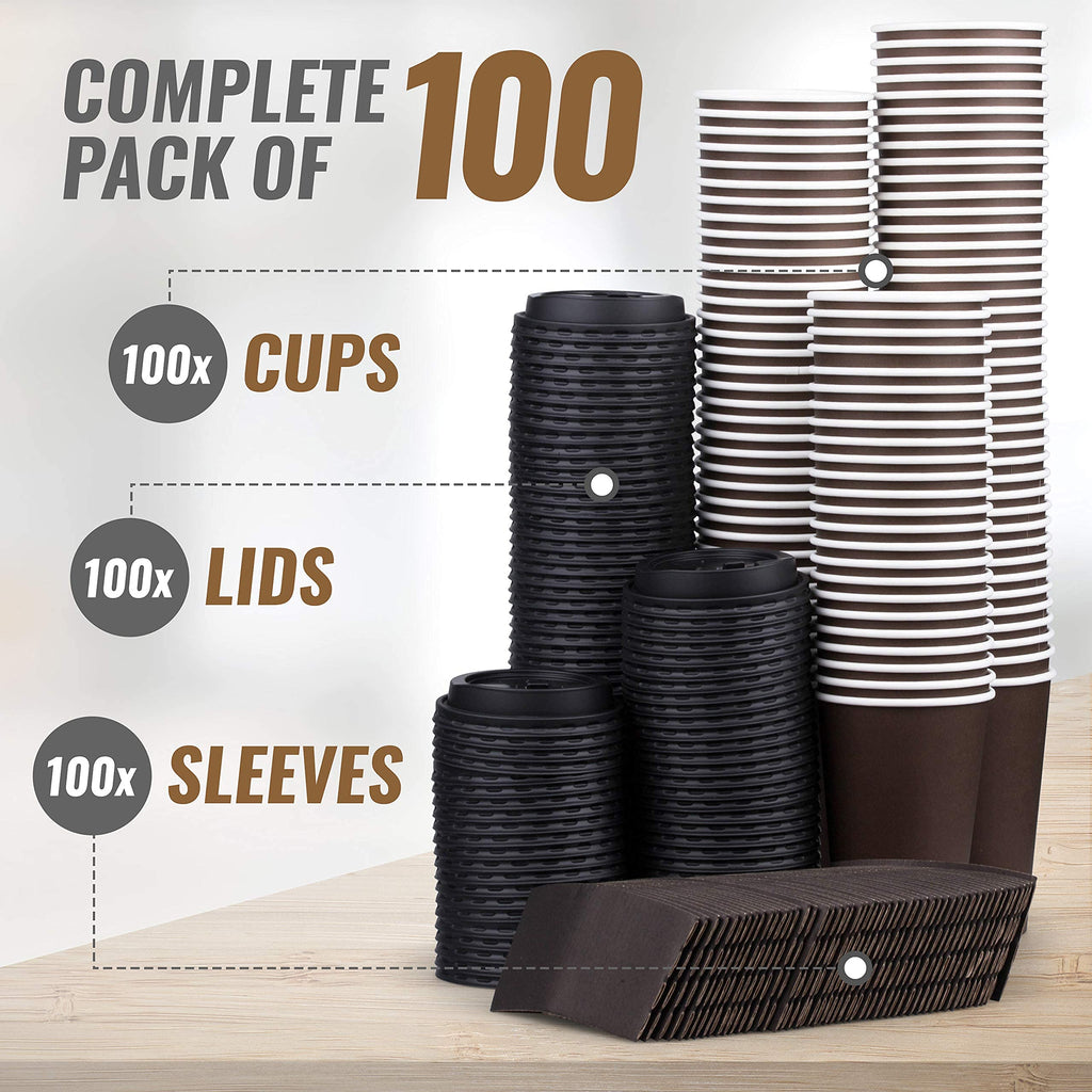 Promora 12 oz Brown Disposable Coffee Cups with Lids & Sleeves, Hot Coffee Cup Sleeves Disposable, Premium Insulated To Go Coffee Paper Cups with Lids & Sleeves (12 oz, Pack of 80) Brown and Black