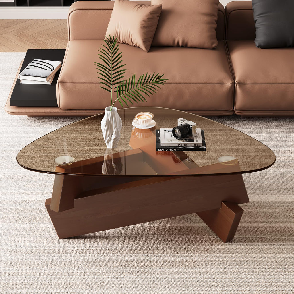 Walnut Triangle Coffee Table 35.5'' x 27.5'' x 15.7'' Modern Mid Century Glass Coffee Table Rustic Brown Solid Wood Center Table Funky Retro Vintage Tea Table for Living Room & Small Space