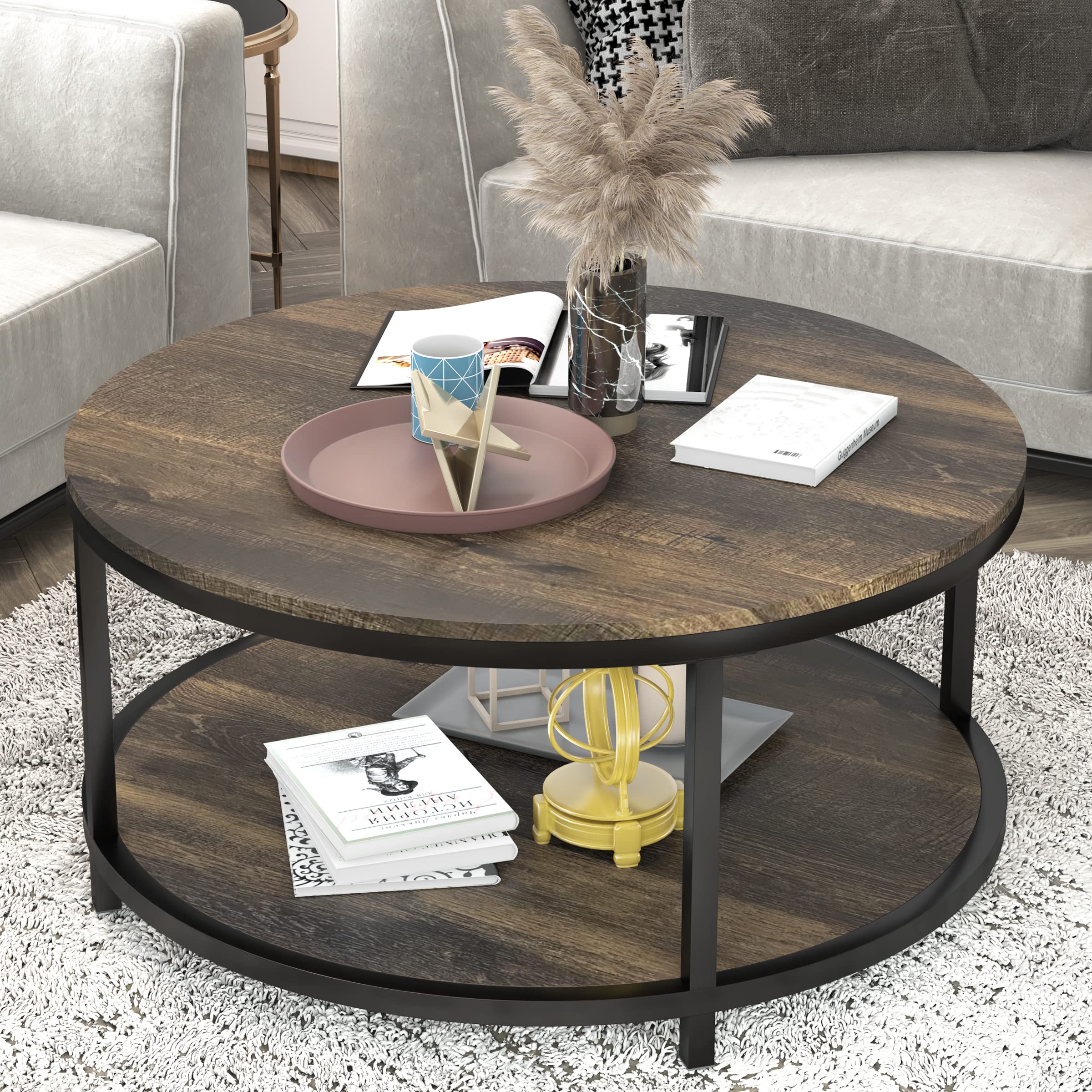 NSdirect Round Coffee Table, 25.6" Small Coffee Table for Living Room,2-Tier Rustic Wood Desktop with Storage Shelf Modern Design Home Furniture(Light Walnut)