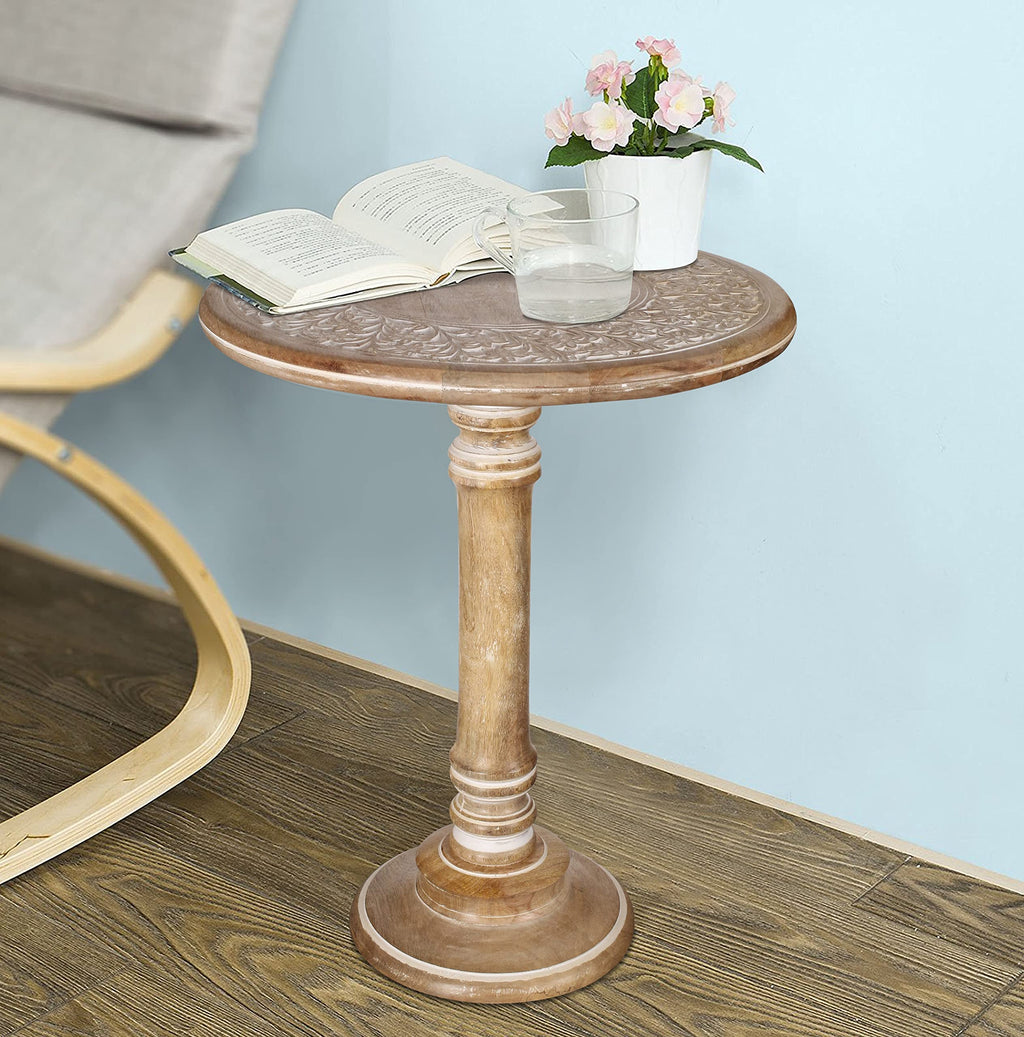 Lightnpro Handcrafted Wooden Round Accent Table - Vintage Farmhouse Octagonal Side End Table with Intricate Carvings for Living Room, Bedroom, Entryway - 18x18 Inch - Burnt