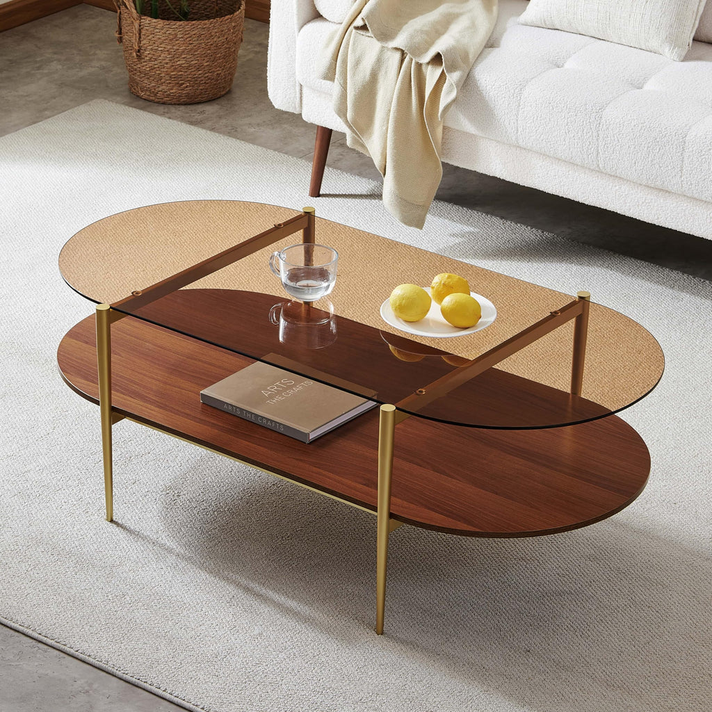 Round Coffee Table, Mid-Century Modern Design, D30 x H17, for Living Room, 2-Tier Structure, Amber Glass Top and Walnut MDF Shelf, Sleek Conical Metal Legs with Gold Finish