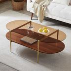 Extra Large Round Coffee Table, Mid-Century Modern Design, D34 x H17 in, for Living Room, 2-Tier Structure, Amber Glass Top and Walnut MDF Shelf, Sleek Conical Metal Legs with Gold Finish