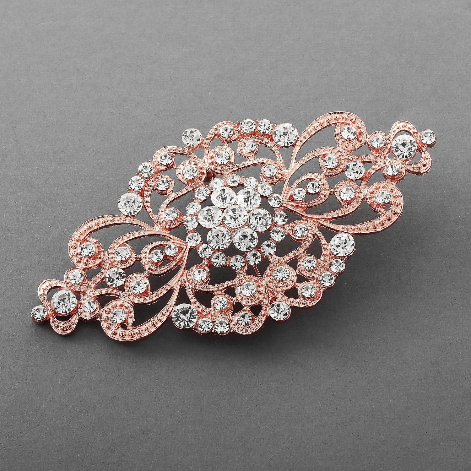 Mariell Vintage Bridal Crystal Brooch Pin, 4" Wide, Rose Gold Wedding Pin, Rhinestone Brooch for Brides and Wedding, Art Deco Fashion Accessory