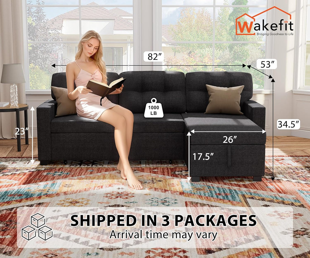 Reversible Sectional Sofa Couch, Sleeper Sofa Bed with Storage Chaise Pull Out Couch for Living Room | Hidden Stroge | Pull Out Bed | Removable Backrest | Linen Fabric, DeepGrey