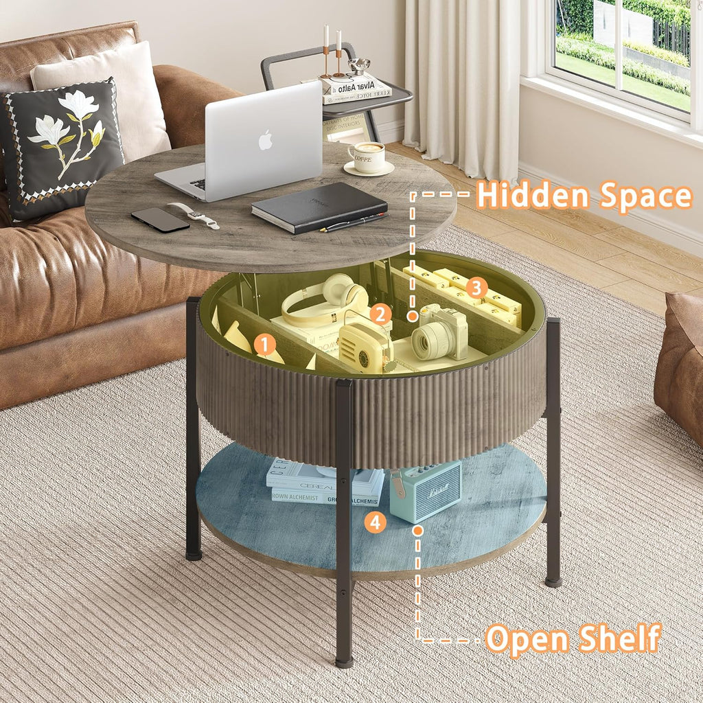 Small Round Coffee Table with Fluted Panel, Lift Top Coffee Table with Hidden Compartment and Open Shelf, Modern Lift Tabletop Dining Central Table for Living Room, Home Office, Grey