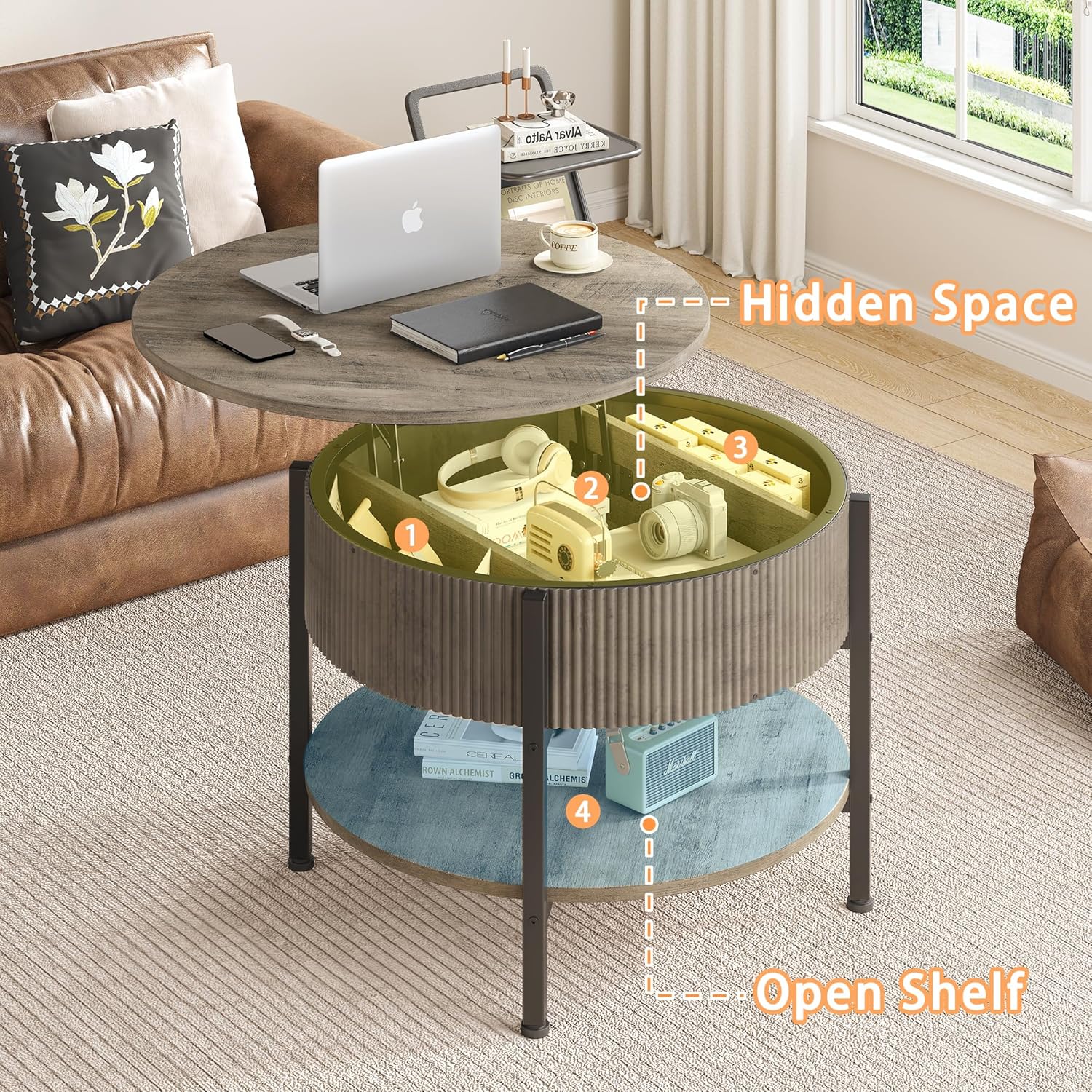 Small Round Coffee Table with Fluted Panel, Lift Top Coffee Table with Hidden Compartment and Open Shelf, Modern Lift Tabletop Dining Central Table for Living Room, Home Office, Grey