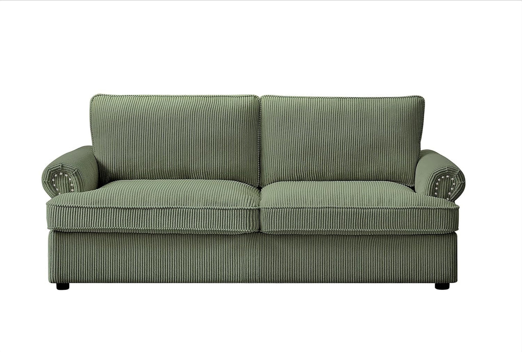 Reversible Sleeper Sofa Bed with Comfortable Memory Foam Mattress, Convertible Corduroy Full Size Pull Out Couch for Living Room, Space Saving Furniture, 70" Wide, Rounded Arms, Dark Green