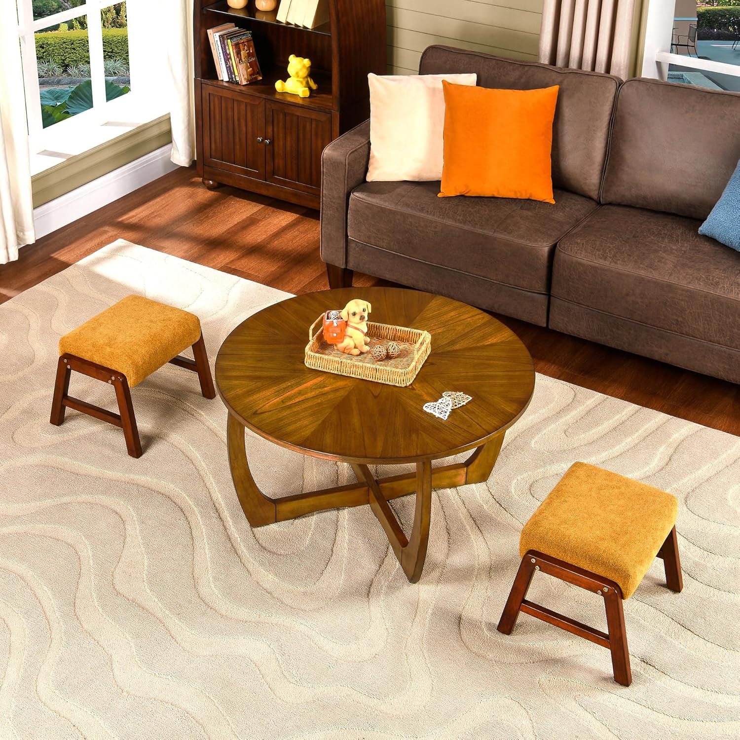 LEEMTORIG Round Wood Coffee Table, Mid Century Modern Round Walnut Coffee Tables for Living Room, 33.5" Dia. Circle Drum Coffee Table with Cross Legs, Easy Assembly, Brown Walnut KFZ-3223