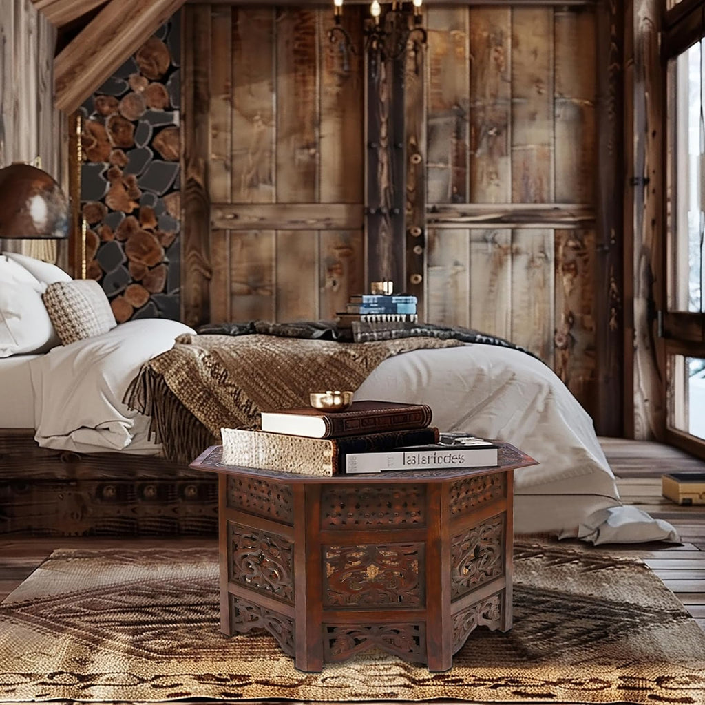 COTTON CRAFT Solid Wood Coffee Table - Hand Carved Vintage Boho Folding Side Table - Small Spaces Entryway Family Room Accent Table Living Room End Table - No Tools Assembly - Octagon 28 in x 18 in H