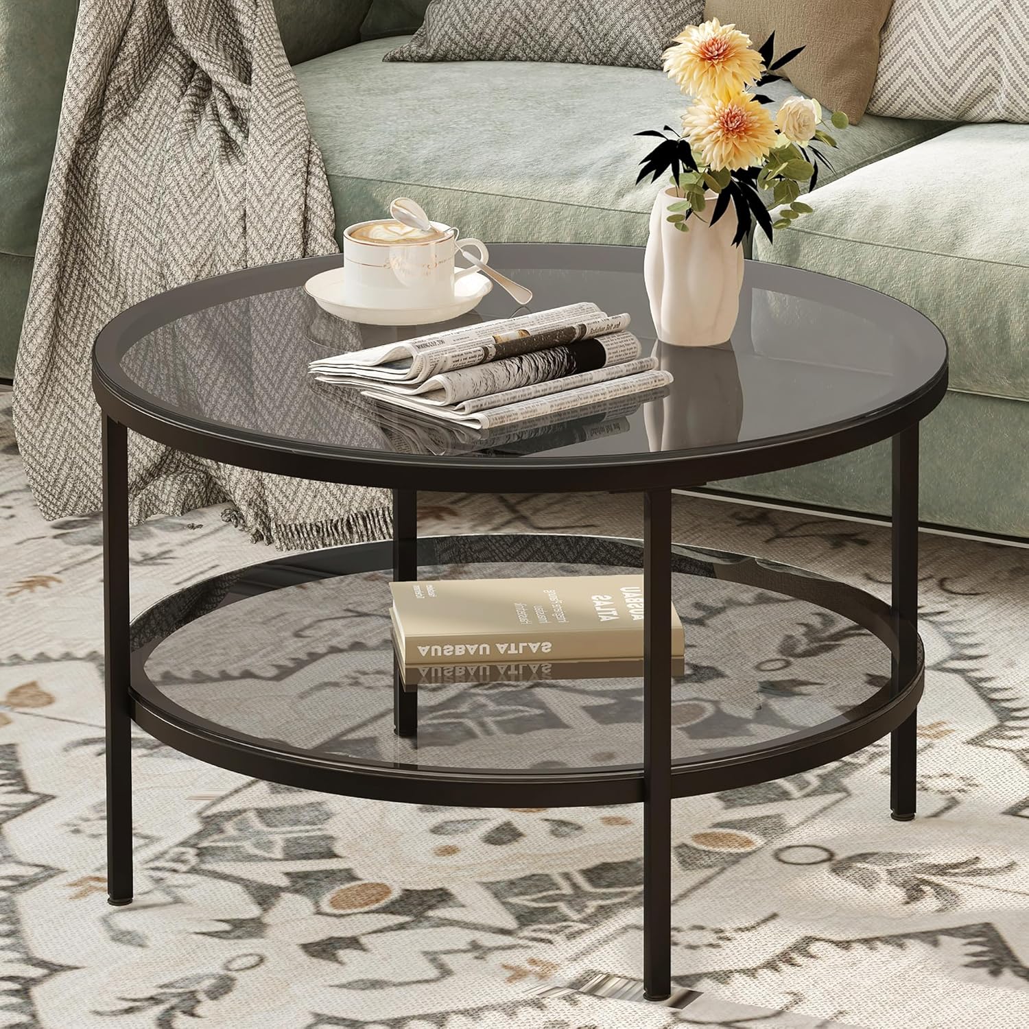 Yusong Round Glass Coffee Tables for Living Room, 2-Tier Circle Coffee Table with Storage, 26" Modern Center Accent Table with Light Black Glass, Small End Table for Small Space, Bedroom