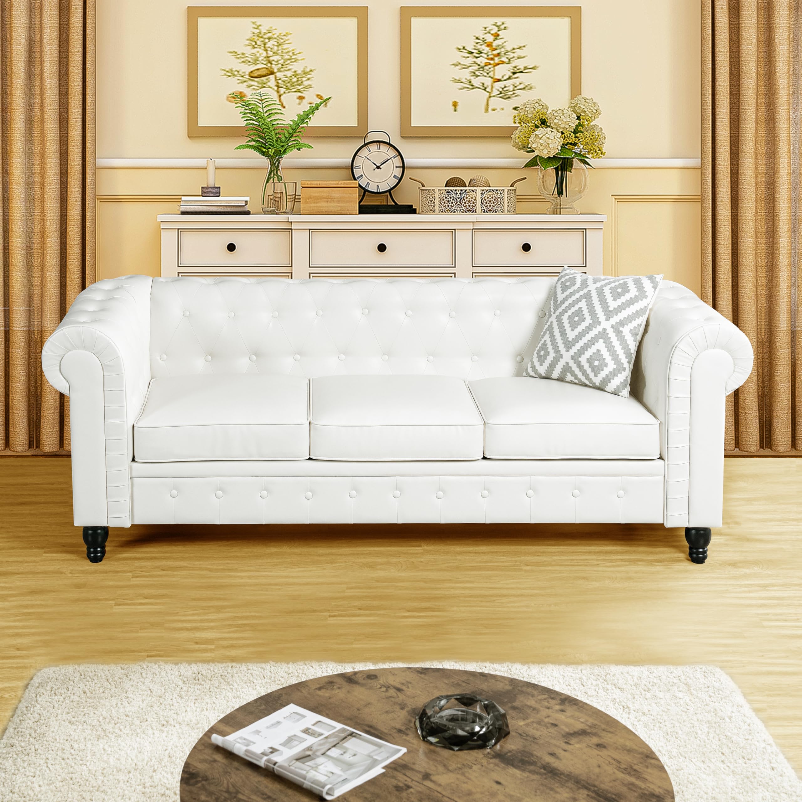 Emery Chesterfield 3 Piece Living Room Sectional Sofa Set Rolled Arms, Tufted Cushion Sofas for Living Room Set Includes Sofa, Loveseat Couch, Accent Arm Chair / Easy Tool-Free Assembly – Off White