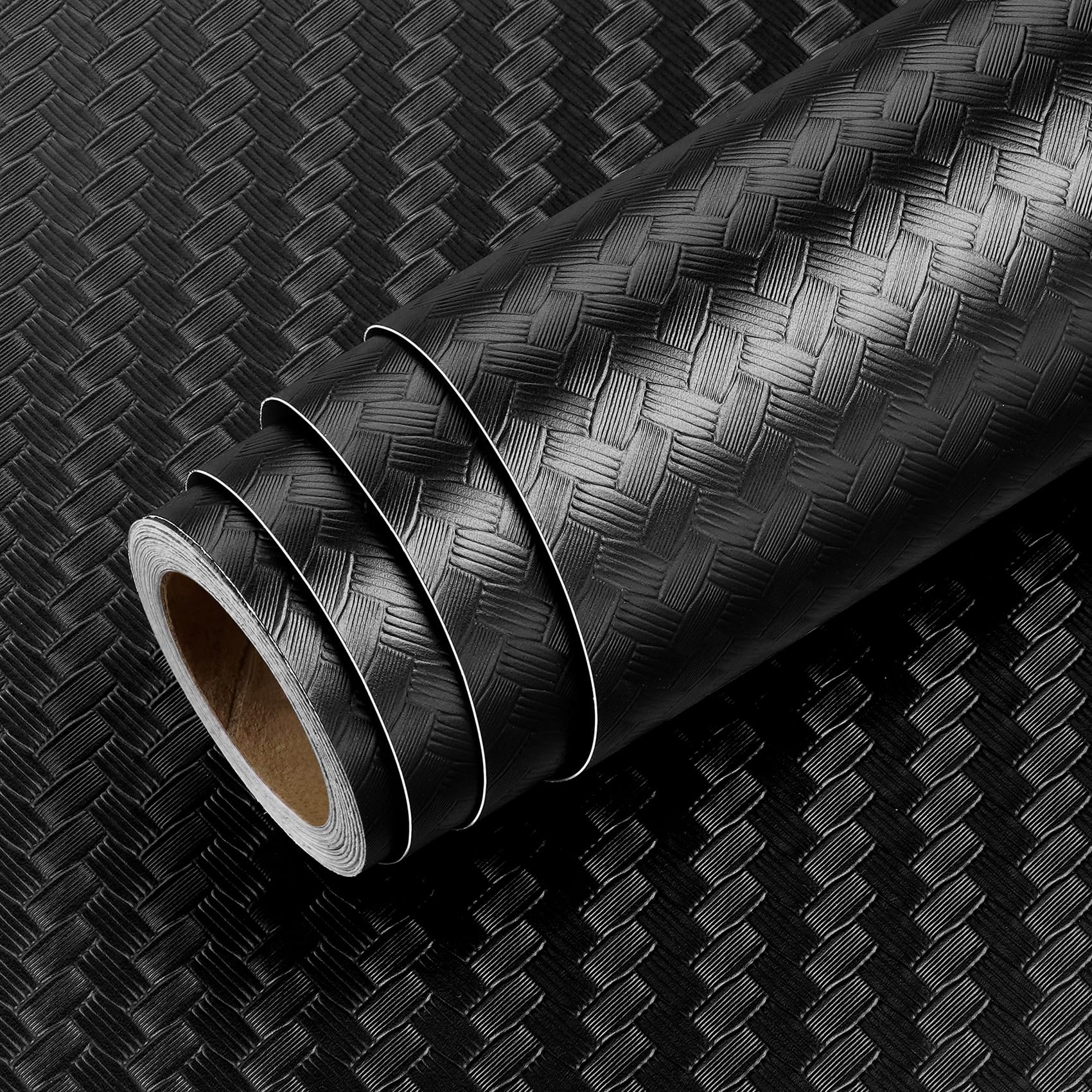 کاغذ دیواری حصیری بافت‌دار Livelynine مشکی قابل چسباندن و جدا کردن برای پوشش کابینت حمام و آشپزخانه، کاغذ تماس ضدآب مشکی برای کابینت‌ها 15.8x78.8 الگوی حصیری مات مدرن