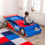 KidKraft Wooden Racecar Toddler Bed with Built-in Bench & Bed Rails - Red & Blue