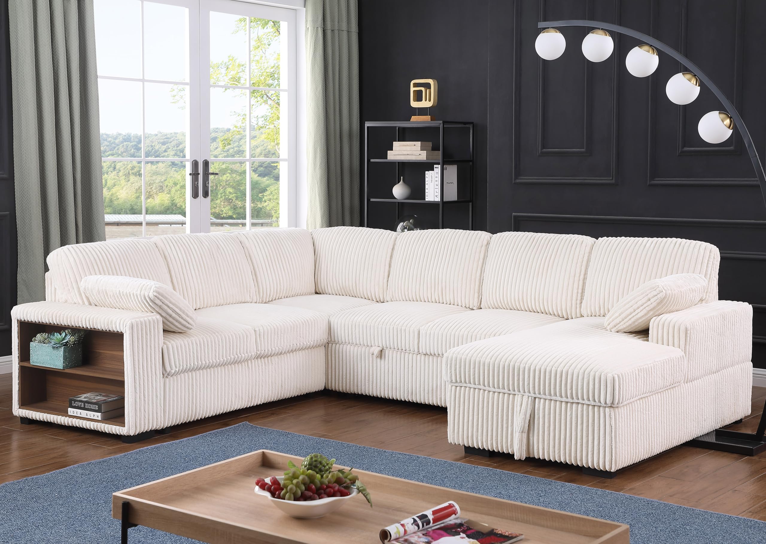 Oversized U-Shaped Sleeper Sectional Sofa Modern Fluffy Corduroy Upholstered Corner Convertible Sofabed with Pull Out Sleeper Couch Bed ,Storage Left Chaise and Pillows for Living Room Furniture Sets