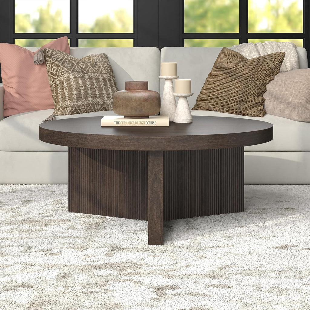 Henn&Hart 36" Fluted Round Wood Pedestal Low-Profile Coffee Table for Living Room, Family Room, or Office, Alder Brown