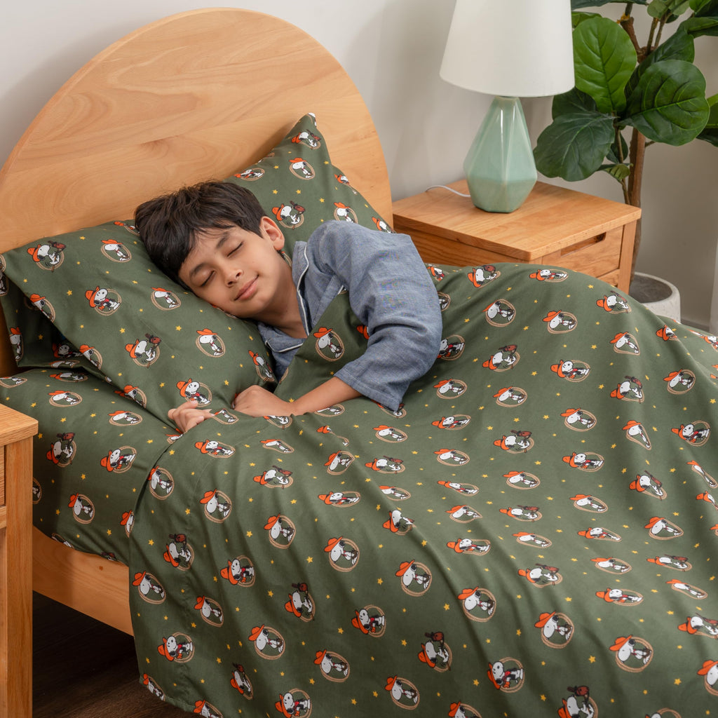 Zestaw pościeli Berkshire Blanket Peanuts® dla dzieci, rozmiar pełny - 4 części, Peanuts® mini pozy i łapy szare, urocze postacie Snoopy nadrukowane na miękkich mikrofibrowych prześcieradłach
