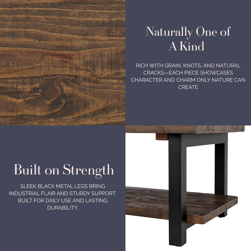 Alaterre Furniture Pomona Rustic Coffee Table with Storage Shelf - 42-Inch Industrial Modern Metal and Solid Wood Living Room Table - Easy Assembly Farmhouse Living Room Furniture (Rustic Natural)