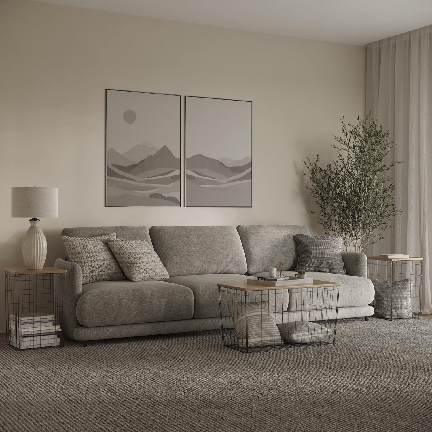 Set of 3 Living Room Tables - Metal Basket Storage with Removable Lids - 2 Small Side and 1 Large Accent Table by Lavish Home (Brown/Black)