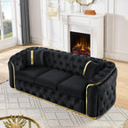 Mid Century Modern Chesterfield Sofa Couch, 90.6" Velvet Couch Black and Gold Sofa Luxury Loveseat for Living Room, Tufted Sofas with 2 Pillows & Classic Golden Decor, Jet Black