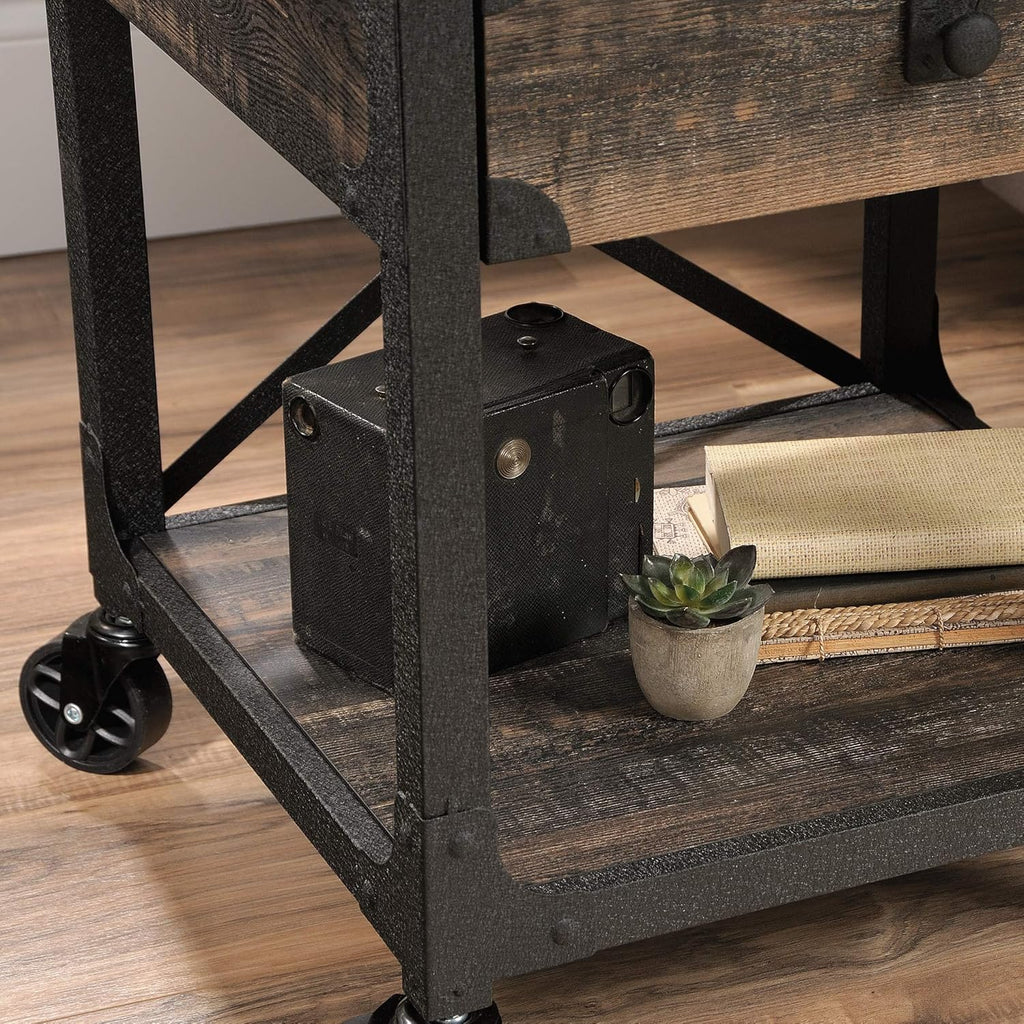 Sauder Steel River Side Table, L: 22.44" x W: 21.65" x H: 23.11", Carbon Oak Finish