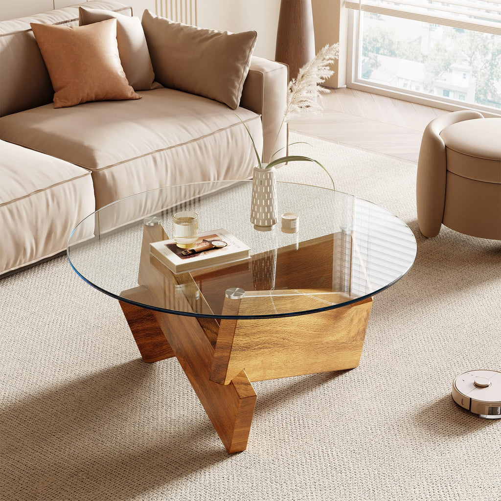 Honyee Modern Round Coffee Table, 30.7" x 30.7" x 16.1" Tempered Glass Top for Living Room, Color: Walnut