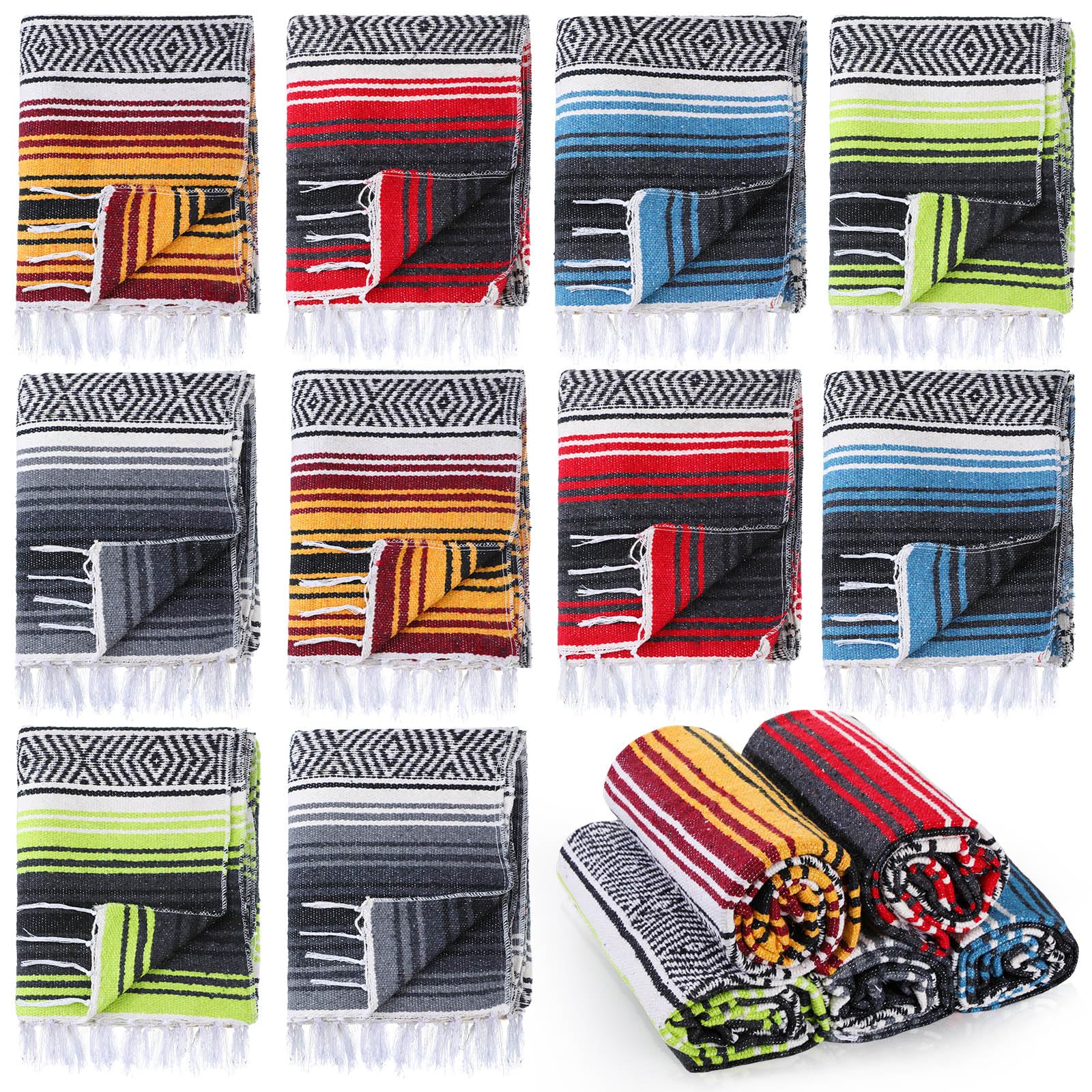Preboun 10 Stück Mexikanische Decke im Großpack, authentisch gewebte Yoga-Decke, große Picknick- und Campingdecke, bunter gestreifter Serape für Strand, Outdoor, Gras, Auto, Zuhause (gemischte Farben)