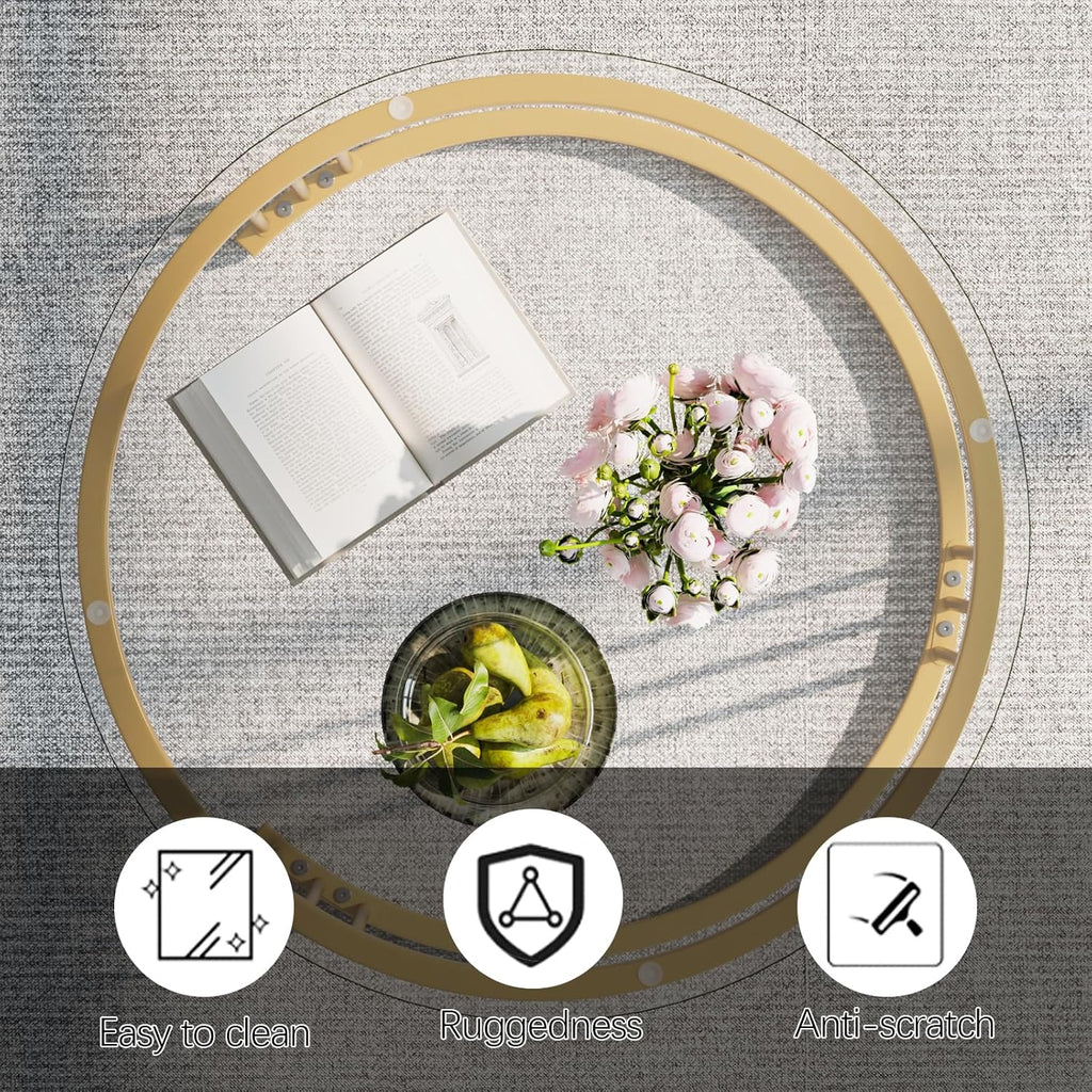 Garden 4 you Nesting Coffee Table, 23.6" Round Coffee Table Set of 2, Glass Nesting Table with Metal Frame, Ceter Tables for Living Room Bedroom Balcony, Gold