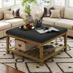 Large Square Ottoman Coffee Table, Linen Solid Upholstered Footrest Ottoman with Solid Wood Shelf Storage Tufted Coffee Table for Bedroom Living Room, Linen