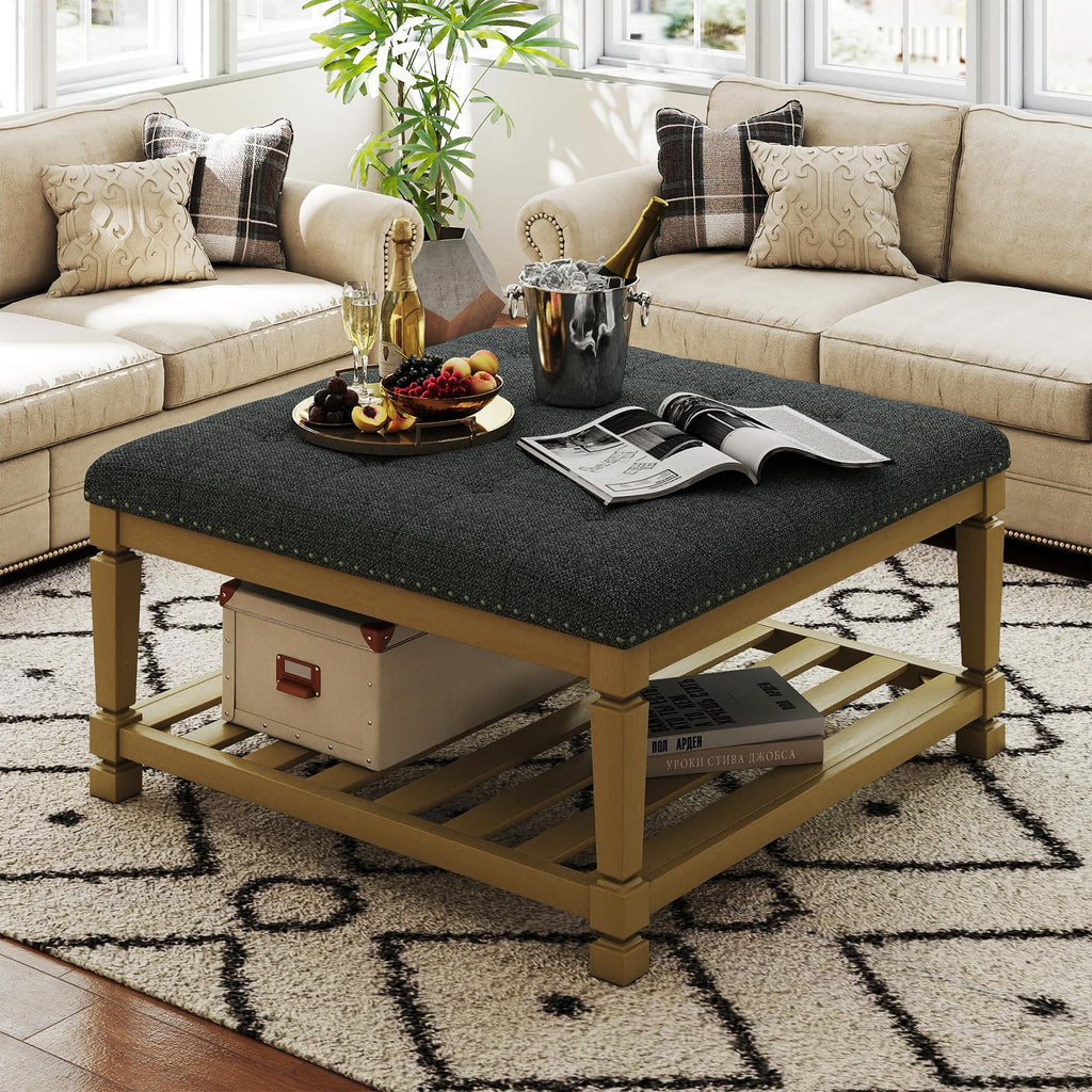 Large Square Ottoman Coffee Table, Linen Solid Upholstered Footrest Ottoman with Solid Wood Shelf Storage Tufted Coffee Table for Bedroom Living Room-Ivory