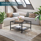 SAYGOER Modern Coffee Table Small Glass Coffee Table with Storage 2-Tier Simple Square Center Table for Living Room Home Office Sofa Table with Metal Frame 26.7 x 26.7 x 17.7 Inches, Gray Black