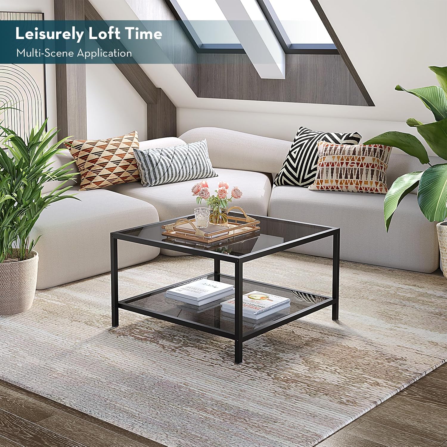 SAYGOER Modern Coffee Table Small Glass Coffee Table with Storage 2-Tier Simple Square Center Table for Living Room Home Office Sofa Table with Metal Frame 26.7 x 26.7 x 17.7 Inches, Gray Black