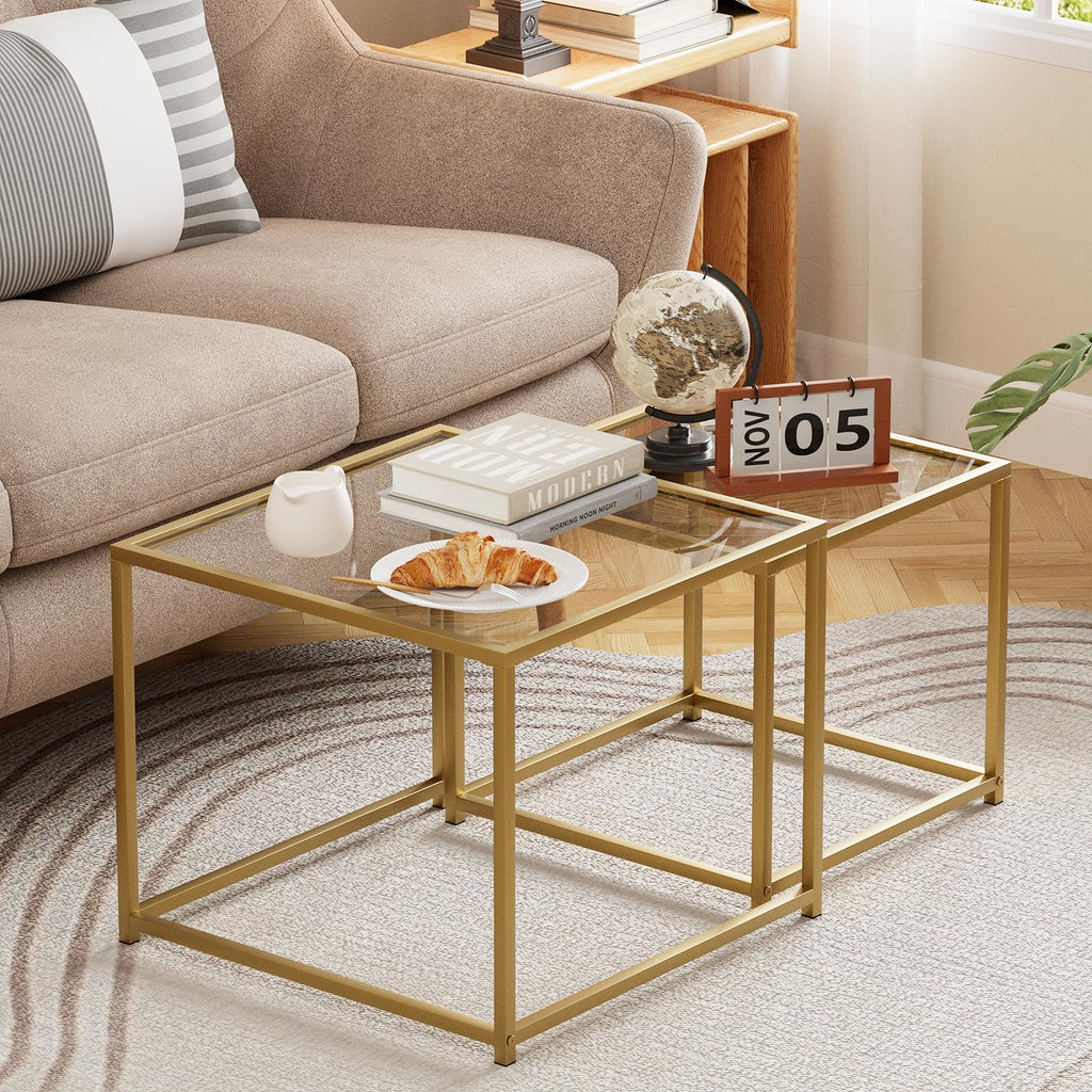 Nesting Coffee Table,Small Glass Coffee Table Set of 2,Black Modern Center Sofa Side Tea Table for Living Room,Bedroom and Small Spaces,2 Tier Tempered Glass, Easy Assembly,Gold